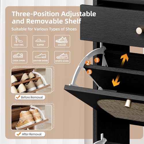 Shoe Storage Cabinet for Entryway, Slim Shoe Rack with 2 Flip Drawers and Top Storage Drawer, Narrow Shoe Organizer with Arched Rattan Accent, Entryway Shoe Storage for Size 13.5 Shoes, Black - color: Ebony Black, style: 2 Flip Drawer & Top Drawer
