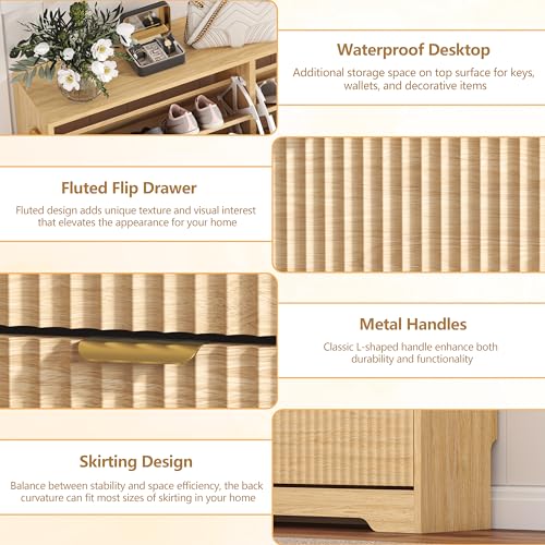 HUANLEGO Shoe Cabinet Storage for Entryway with 3 Flip Drawers, Oak Fluted Shoe Cabinet with Adjustable Shelves, Wooden Hidden Shoe Rack Freestanding Narrow Slim Shoes Storage for Hallway, Entrance - color: Oak, size: 3 Drawer