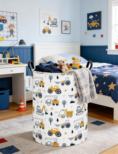 Round Construction Truck Collapsible Laundry Hamper for Nursery,Cute Forest Vehicles Excavator Toy Storage Bin for Kids Boys,Storage Basket for Home,Bedroom,Playroom,New Parent Gift(Excavator) - color: Round Excavator