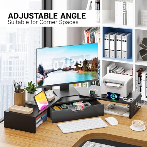 Elephance Dual Monitor Stand with USB Ports,Wood Computer Monitor Stand Riser with Drawer,Adjustable Desk Shelf,Desk Organizer for Computer,Laptop,No Assembly Required,Black