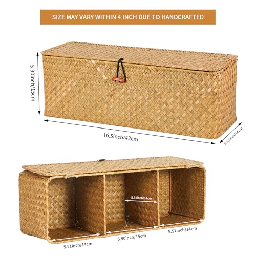 Moosky Wicker Shelf Baskets with Lid, Seagrass Basket for Storage Rectangular Woven Baskets Boxes 3-Section Home Decor Organizer (Natural Large) - color: Natural Large