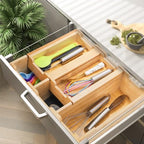Okllen Bamboo Kitchen Drawer Organizer, Stackable 2-Tier Utensil Drawer Organizer Tray, Silverware Organizer Flatware Storage for Kitchen Cabinet, Pantry, Drawer, 5 Divided Compartments