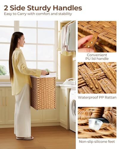Greenstell Laundry Hamper with lid, No Install Needed, 110L Wicker Laundry Baskets Foldable 2 Removable Liner Bags, 2 Section Clothes Hamper Handwoven Rattan Laundry Basket with Handles, Natural - color: Natural, size: 110L (22.2x13.3x24.0 Inches)