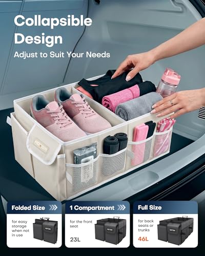 HOTOR Trunk Organizer for Car - Car Organizer, Foldable Trunk organizer for SUVs & Sedans, Sturdy Organization for Car Accessories, Tools, Sundries, Beige, 2 Compartments, 21.3"×12.6"×10.6" - color: Beige, size: Medium (2 Compartments)