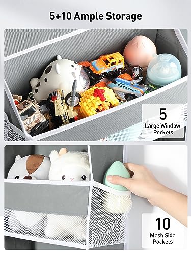 Yecaye 1 Pc Over the Door Organizer with 5 Bins 10 Side Pockets, 44lbs Load Hanging Bathroom and Bedroom Organizer, behind the Door Hanging Organizers for Nursery Newborn Baby Essential Stuff Grey - color: Grey, size: 5 Tier