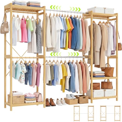 Homykic Bamboo Closet System, 71"-91" Expandable Clothing Rack with 5 Hanger Rods & Shelves, 6.6ft Tall Garment Rack Organizer for Walk-in Closet Bedroom, Max Load 850LBS, Easy to Assemble - color: Natural, size: 91"Wx14.2"Dx79"H