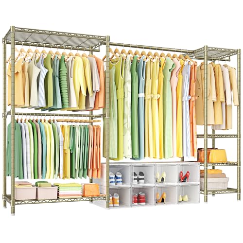 Ulif E10 Clothes Rack（With Stretchable Hanger Rod）Freestanding Clothing Racks for Hanging Clothes，Adjustable Closet Organizer System，Portable Garment Rack 73-97"W x 15" D x 72" H，Max Load 800LBS，Gold - color: Gold