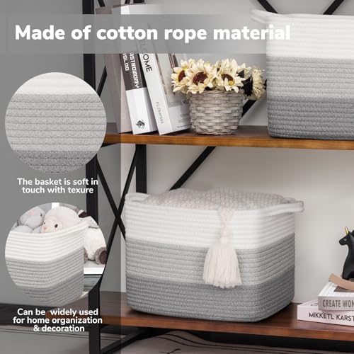 Goodpick Woven Storage Basket, Closet Storage Bins for Books, Towels, Cotton Rope Organizer with Handles, Square Toy Gift Basket for Kids, Gradient Gray, 13 x 10 x 9 Inches - color: Gradient Grey, size: 13"L x 10"W x 9"H