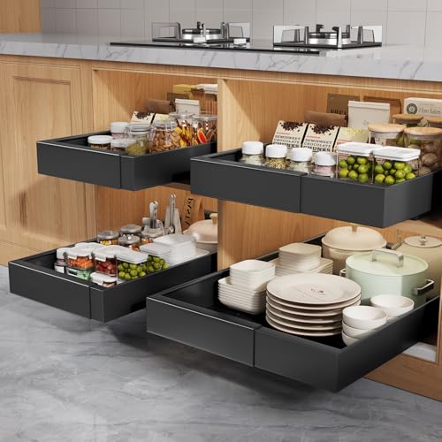 Seinloes 4 Pack Pull Out Cabinet Organizers 21" Deep With Raising Pad for Framed Cabinets, Expandable Width (9"-14") Slide Out Drawers Upgrade 3 Slide Rails, Roll Out Shelves Adhesive, Black - color: Black, size: 9"-14"Wide x 21"Deep(4 Pack)