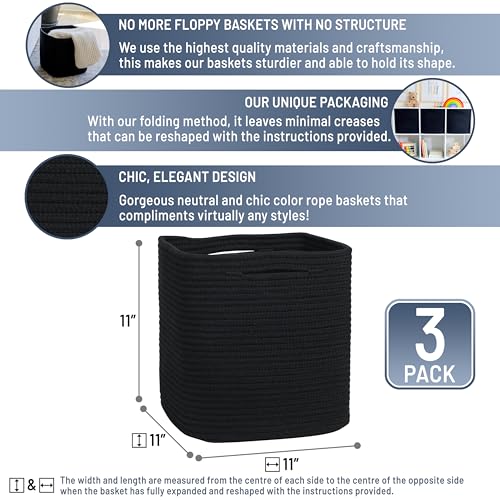 NaturalCozy Storage Cubes 11 Inch Cotton Rope Woven Baskets for Organizing, 3-Pack | Cube Storage Bin | Square Storage Baskets for Shelves Organizer, Classroom, Kids Toy Bins, Closet, Baby Nursery - color: Black