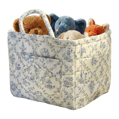 Quilted Fabric Basket Foldable Car Storage Boho Floral Laundry Basket Hamper for Nursery Bedroom & Living Room | Organize Clothes Toys - color: Blue-Toned Pastoral