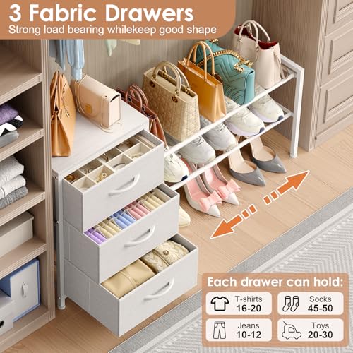 Cidaziya Expandable Closet Organizers and Storage, White Fabric Storage Dresser, 3 Drawer Dresser, Clothes Shelves for Kids, Purse Organizer Small Shoe Rack for Closet Bedroom - size: 31.29~ 43.42"W*11.41"D * 24.01"H