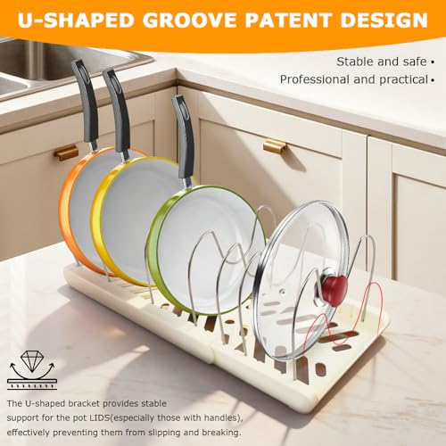 Expandable Pot and Pan Organizer Rack for Kitchen Cabinet or Under Sink,with 10 Adjustable Compartment 13"-23" Adjustable Length for Lids Bakeware Frying Rack and Cookware(COLOR:White) - color: White