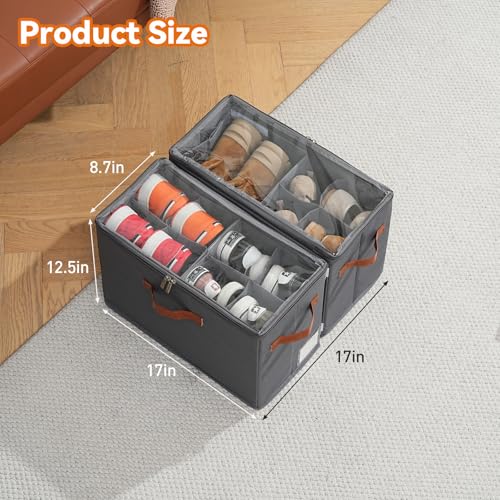 2 Pack Shoe Organizer for Closet, Foldable Shoe Storage Organizer with Adjustable Dividers and Clear Cover, Stackable Fabric Closet Shoe Organizer Storage Box Fits 16 Pairs, Gray - color: Gray-2 Pack, size: 17"L x 8.7"W x 12 ½"H