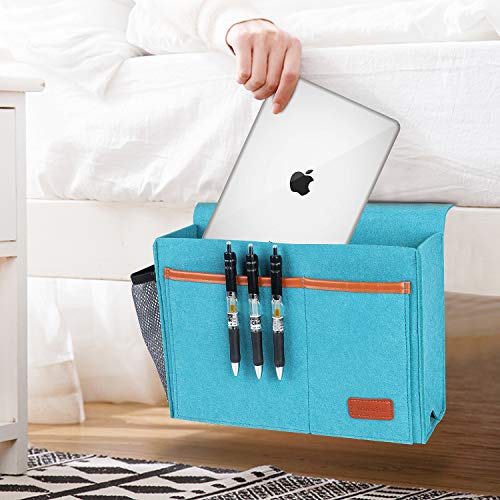 Bedside Caddy, Bed Storage Organizer for Remote Controller, Books, Magzine, Laptop Holder, 12.4'' x 8.6'' inch Bedside Hanging Felt Storage Bag for Dorm Bed with 5 Pockets, Celadon - color: Celadon