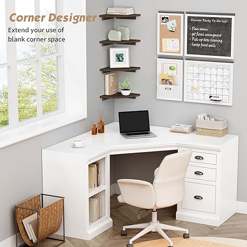 Forbena Floating Corner Shelves for Wall Set of 4, Small Corner Bookshelf for Bedroom Books, Round Wooden Corner Shelf Wall Mount for Bathroom Plants, Kitchen, Living Room Decor (Dark Brown) - color: 3. Rustic Brown, size: 10" Depth