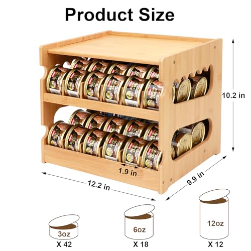 Bamboo Can Organizer for Pantry, 2 Tier Canned Cat Food Organizer for Kitchen Counter, Cat Food Storage Holds up to 36 Cans, Can Rack Organizer for Human and Pet Food Cans, FIFO Design
