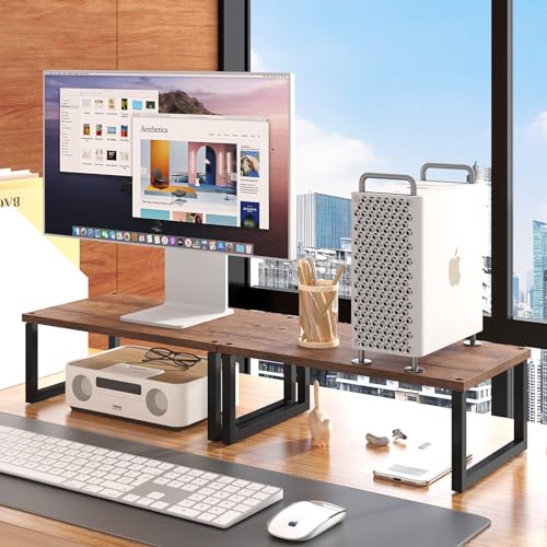 Simple Trending 2 Pack Monitor Stand Riser, Wood Desk Storage Organizer for Office Laptop, Computer, Antique Brown