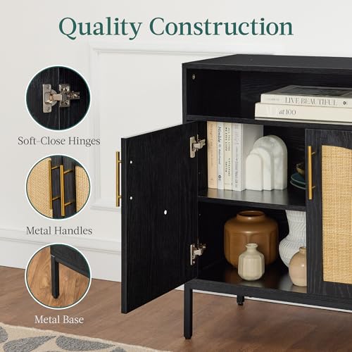 Best Choice Products Rattan Sideboard Buffet Cabinet, Entryway Table, Accent Storage Cabinet, Console Table for Hallway, Living Room, Dining Room - Black - color: Arched Rattan, Black