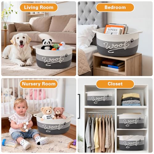 Woof Dog Toy Basket with Handles, Large Dog Toy Storage Bin with Paw Print, Woven Dog Basket for Blankets, Toys, Chews, Pet Toy Box for Nursery, Living Room, Bedroom, 17”x12”x9, Grey - color: Grey