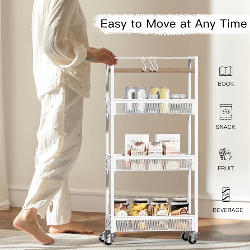 DGSNADGO Slim Rolling Storage Cart, 4-Tier Kitchen Cart on Wheels, Narrow Utility Cart with Handle and Wooden Tabletop for Small Space in Kitchen, Living Room, Bathroom, Laundry Room, Beige and White - color: Beige+white