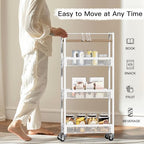 DGSNADGO Slim Rolling Storage Cart, 4-Tier Kitchen Cart on Wheels, Narrow Utility Cart with Handle and Wooden Tabletop for Small Space in Kitchen, Living Room, Bathroom, Laundry Room, Beige and White - color: Beige+white