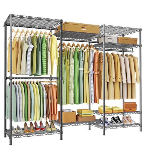 Ulif E13 Heavy Duty Clothes Rack（With 4 Hanger Rods & 8 Shelves） Freestanding Clothing Racks for Hanging Clothes，Adjustable Closet Organizer，Metal Garment Rack 63" W x16 D x77 H，Max Load 900LBS，Grey - color: Grey, size: E13