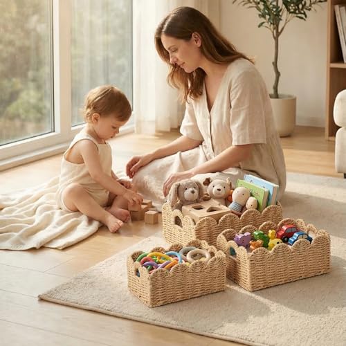 Scalloped Wicker Baskets, Set of 3 Hand-Woven Storage Baskets with Handles - Paper Rope Shelf Organizers & Decorative Baskets for Shelves, Closet, Bathroom (Beige） - color: Beige