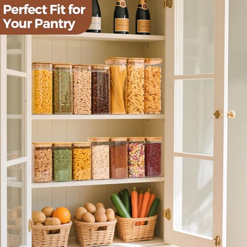 ComSaf Airtight Glass Storage Canister with Wood Lid (1.6 Qt), Clear Food Storage Container Jar with Sealing Lids for Oat Pasta Flour Cereal Rice Sugar Tea Coffee Beans, Set of 3 Square Cookie Jar - size: 1.6Qt*3