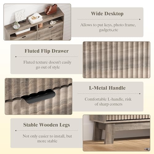 Shoe Cabinet Storage for Entryway with 4 Flip Drawers, Fluted Narrow Shoe Organizer with Wooden Legs & Top Cubby, Freestanding Slim Shoe Storage Hidden Shoe Rack for Front Door Entrance, Grey - color: Grey, size: 4 Drawer with Cubby