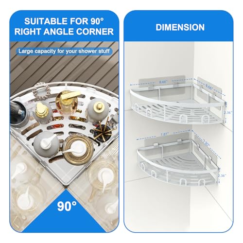 Corner Shower Caddy, 2 Pack Adhesive Bathroom Shower Corner Organizer Shelf, No Drilling Rustproof Wall Mounted Shower Storage Rack Shampoo Holder Organizer (White) - color: White