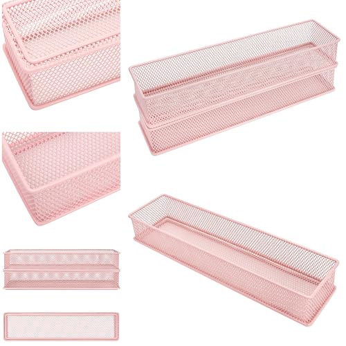 Annova Mesh Stackable Drawer Cabinet and Shelf Organizer Bins Storage Basket School Office Supply Holder Tray- Set of 2 (Light Pink, 3x12x2 Inch) - color: Light Pink, size: 3x12x2 Inch
