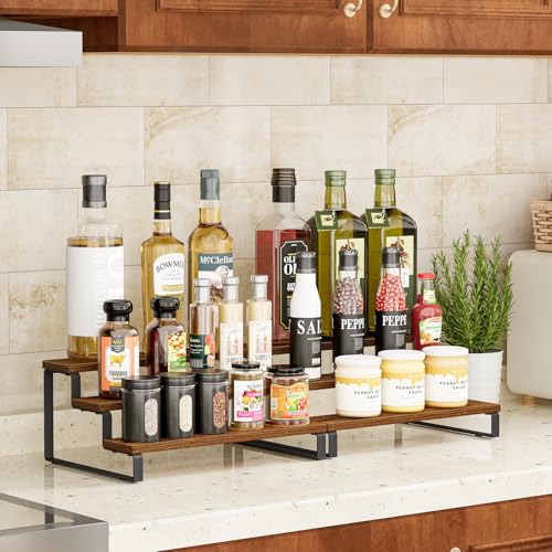 Giikin 3-Tier Spice Rack, 13.8 Inch Wood Countertop Spice Storage Holder, Kitchen Pantry Cabinet Organizer Cupboard for Spice Bottles, Jars, Seasonings, Baking Supplies, Metal Frame(Set of 2) - color: Rustic Brown, 3 Tier, 2 Pack, size: 3 Tier 2 Pack
