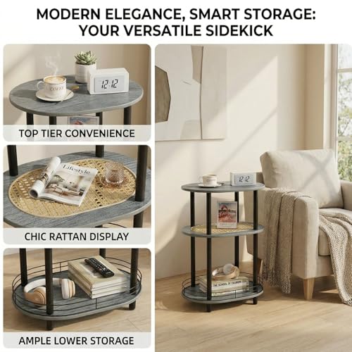 3 Tier Round Side Table with Storage, Oval End Table with Rattan Shelf & Metal Basket - Boho Nightstand, Accent Table, Tool Free Assembly & Screw-Hole Free Tabletop for Living Room Bedroom-Grey - color: Grey-rattan, size: 1PC