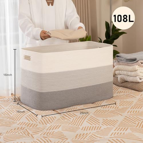 OIAHOMY 108L Super Large Blanket Basket, 25”x16”x16”(108L) Rectangle Woven Baskets for Storage, Cotton Rope Basket For Living Room, Toy Storage with Handle - Gradient Grey - color: Gradient Grey