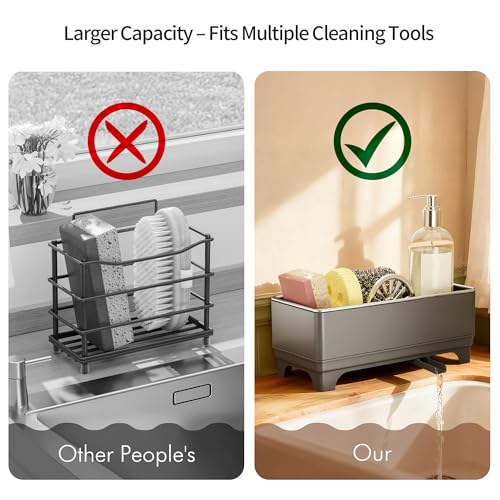 MOUKABAL Sponge Holder for Kitchen Sink – Rustproof Stainless Steel, 360° Rotating Drain Pipe, Large Counter Organizer with Drip Tray for Sponges, Brushes & Dish Cloths Grey - color: Grey 1