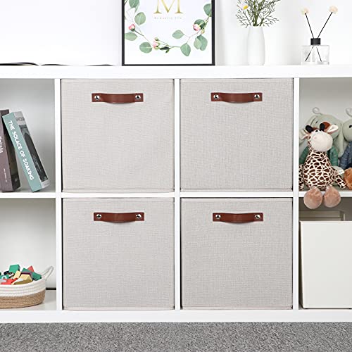 Temary Fabric Storage Cubes Storage Bins with Dual Leather Handles, 4 Pack Cube Baskets 13x13 Foldable Cube Organizers for Shelves, Home, Office, Nursery - color: Beige, size: 13×13×13