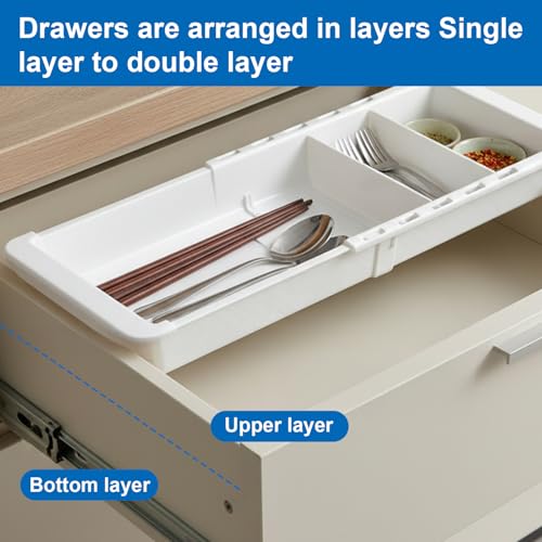 2 PCS Sliding Drawer Tray with Adjustable Dividers, Expandable Kitchen Storage Organizer, Sliding Drawer Bin, Expandable Drawer Organizer, Drawer Organizer Trays For Utensils, Flatware, Junks