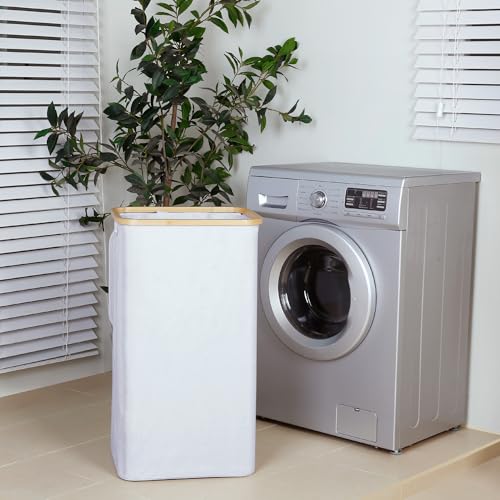 iEGrow 110L Laundry Hamper with Lid，Dirty Clothes Hampers for Laundry,Laundry Basket with Bamboo Handles and Removable Bag,Hamper for Bedroom, Bathroom, Dorm, Laundry Room, White - color: White, size: 110L