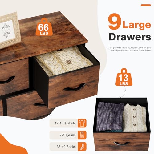 Sweetcrispy 9-Drawer Fabric Dresser Storage Tower with Wood Top and Steel Frame, Organizer Chest with Easy Pull Handles for Bedroom, Closet, Hallway,Distressed Brown - color: Brown, size: 11.8"D x 39.6"W x 39.8"H (9 Drawers)