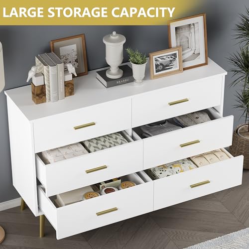 White Dresser for Bedroom, Dressers & Chests of Drawers for Clothes Storage, Wood Dresser for Closet with 6 Drawers, Wide Long Clothes Organizer with LED Light for Hallway, Entryway, Metal Handles - color: White