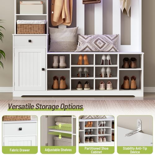 Hall Tree with Bench and Shoe Storage, 59.1" Farmhouse Entryway Bench with Coat Rack and Fabric Drawer, 11 Coat Hooks and 10 Shoe Cubbies, LED Lights, Rotating Mirror with Shelves, White