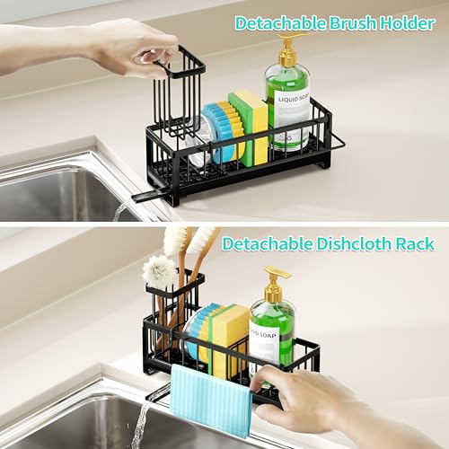 HapiRm Sponge Holder for Kitchen Sink - Self-draining Sink Caddy with Brush and Dishcloth Holders, Stainless Steel Kitchen Countertop Organizers and Storage Essentials - Black - color: Black, size: with Dishcloth Holder