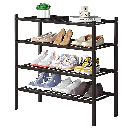 ROMGUAR CRAFT 4 Tier Bamboo Shoe Rack for Closet Free Standing Wood Shoe Shelf for Entryway Small Space Stackable 27"x11"x26" (Brown) - color: Brown, size: 4 tier