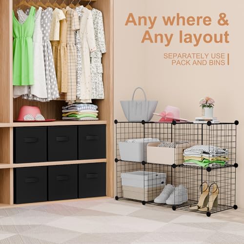 Leinuosen 6 Cube Storage Organizer with 6 Foldable Fabric Storage Bins, Metal Wire Grid Shelves, Stackable Modular Closet Organizer for Bedroom Living Room Office Toys Books(Black,Black) - color: Black,Black