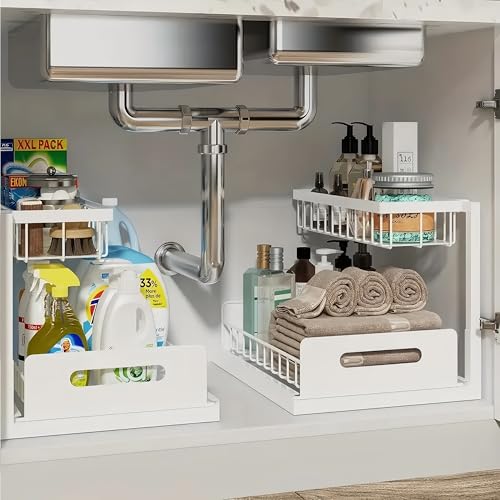 INNOVATIVE LIFE Under Sink Organizer, 2 Pack 2 Tier Under Sink Organizers and Storage, Slide Out Pull Out Cabinet Organizer Shelf, Metal Sliding Drawer for Kitchen,Bathroom, White - size: White (2 Pack)