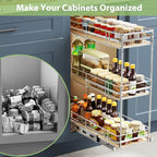 ROOMTEC 3-Tier Pull Out Cabinet Organizer Spice Rack for Narrow Cabinet 7" W x 20½" D, Slide Out Wood Shelves Storage for Kitchen - size: 7" W x 20½" D, 3 Tier, Wood Shelves