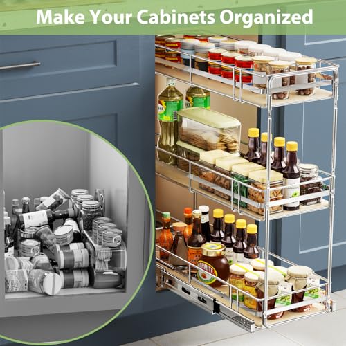 ROOMTEC 3-Tier Pull Out Cabinet Organizer Spice Rack for Narrow Cabinet 7" W x 20½" D, Slide Out Wood Shelves Storage for Kitchen - size: 7" W x 20½" D, 3 Tier, Wood Shelves