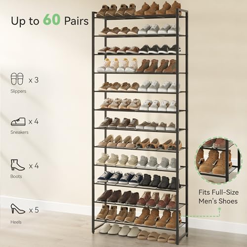 Nunsino Shoe Rack for Closet, Metal Shoe Organizer,12 Tier Garage Shoe Rack Max Holds 60 Pairs,Shoe Storage Shelf,Entryway, Black - color: Black, size: 12 Tier