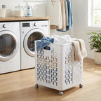 60L Collapsible Laundry Baskets, Plastic Laundry Hamper with Handles, Foldable Laundry Bin, Laundry Basket with Wheels for Laundry Room Organization, Ideal for Clothes, Towels, Blanket, White
